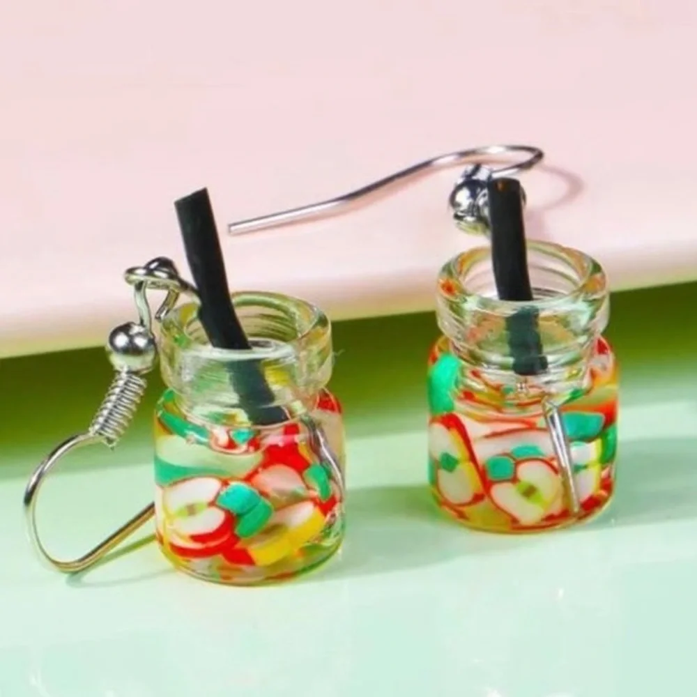 New Handmade Summer Fruity Apple Slice Glass S925 Sterling Silver Earrings